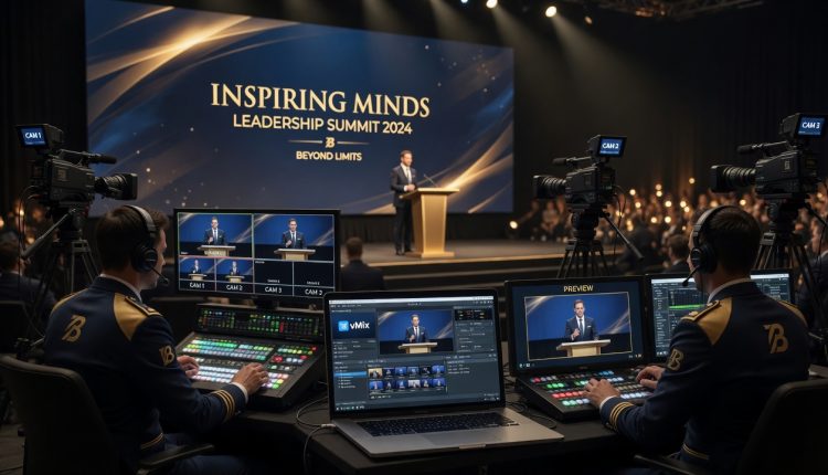 Tim ERGA DIGITAL mengoperasikan sistem live streaming profesional multicamera untuk sebuah seminar.