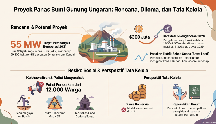 Panas bumi Ungaran kembali dikembangkan pada 2026. Bagaimana dengan air, lingkungan, keselamatan, Candi Gedong Songo, dan hak masyarakat?